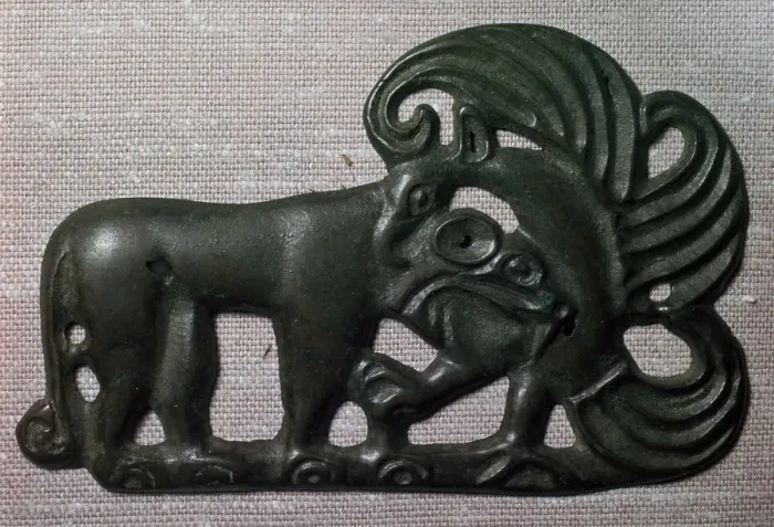 Framed Print : Chinese bronze harness plaque of a tiger and gryphon, 2nd century BC Framed Print : Chinese bronze harness plaque of a tiger and gryphon, 2nd century BC