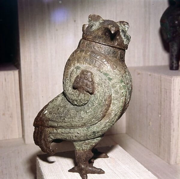 Chinese Bronze Wine-Vessel or Tsun, in form of Short-Eared Owl, 11th century BC-10th century BC
