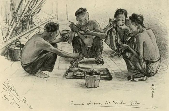 Framed Print : Chinese crew members eating on board the Knivsberg, 1898. Creator: Christian Wilhelm Allers Framed Print : Chinese crew members eating on board the Knivsberg, 1898. Creator: Christian Wilhelm Allers