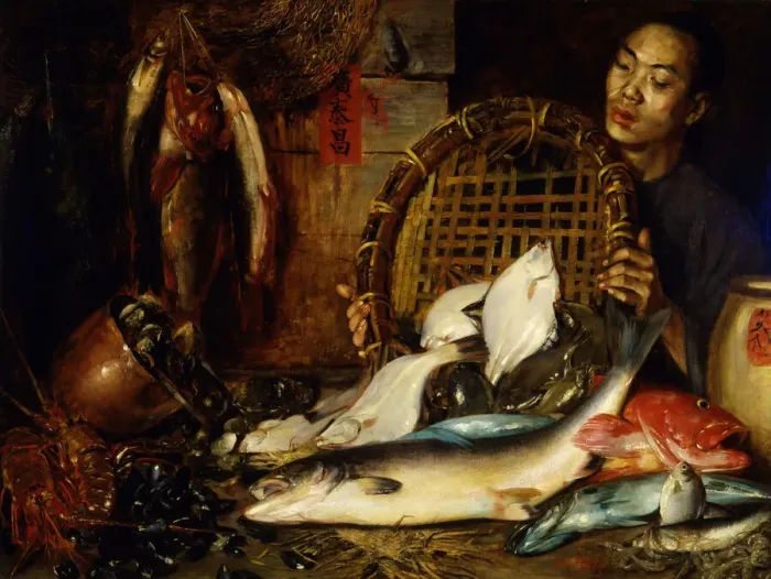 Framed Print : The Chinese Fishmonger, 1881. Creator: Theodore Wores Framed Print : The Chinese Fishmonger, 1881. Creator: Theodore Wores