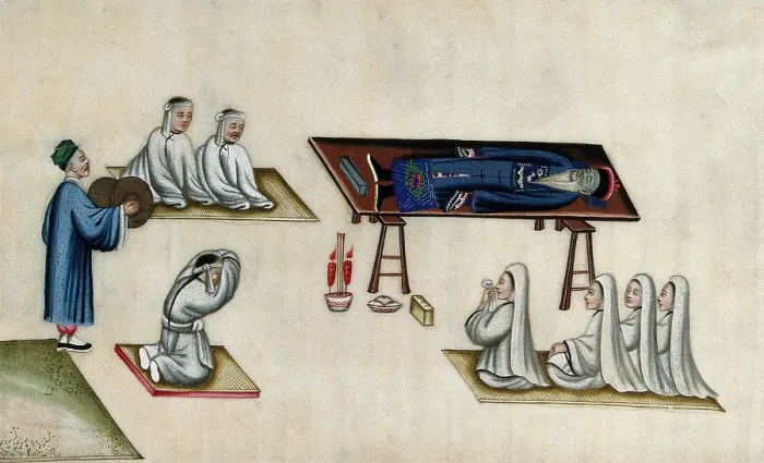 Framed Print : Chinese funeral customs: the body of an elderly man lies on a bier, attended by men and... 1800. Creator: Unknown Framed Print : Chinese funeral customs: the body of an elderly man lies on a bier, attended by men and... 1800. Creator: Unknown