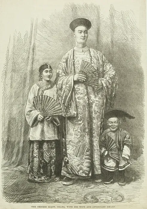 Framed Print : The Chinese Giant, Chang, with his Wife and Attendant Dwarf, 1865. Creator: Unknown Framed Print : The Chinese Giant, Chang, with his Wife and Attendant Dwarf, 1865. Creator: Unknown