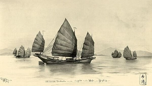 Chinese junks at the entrance to Hong Kong Harbour, 1898. Creator: Christian Wilhelm Allers