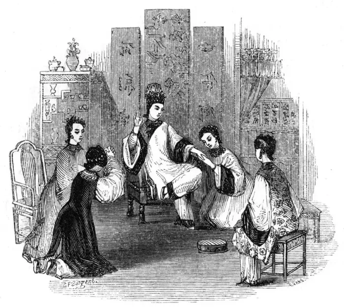 Framed Print : Chinese maidens weeping with a bride, 1847. Artist: Evans Framed Print : Chinese maidens weeping with a bride, 1847. Artist: Evans