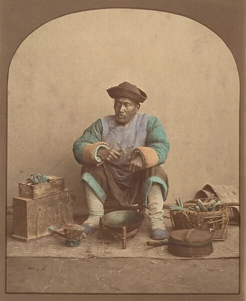 [Chinese Man Sitting with Tools], 1870s. Creator: Unknown