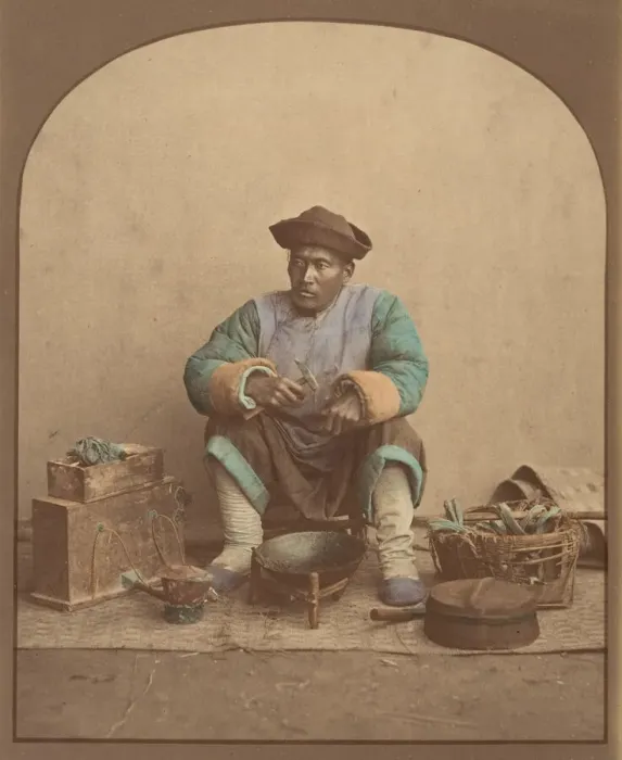 Framed Print : [Chinese Man Sitting with Tools], 1870s. Creator: Unknown