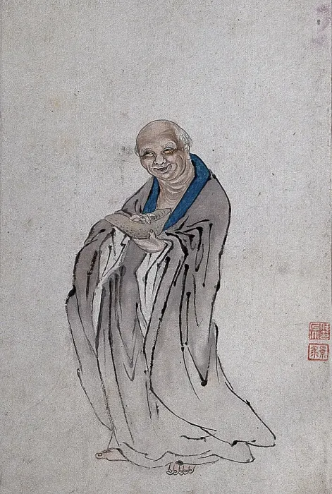 Framed Print : A Chinese man standing holding a long bowl with raised ends, (between 1800 and 1899?). Creator: Unknown Framed Print : A Chinese man standing holding a long bowl with raised ends, (between 1800 and 1899?). Creator: Unknown