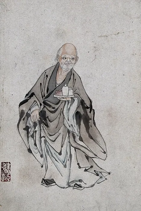 Framed Print : A Chinese man standing holding three vessels on a tray, (between 1800 and 1899?). Creator: Unknown Framed Print : A Chinese man standing holding three vessels on a tray, (between 1800 and 1899?). Creator: Unknown