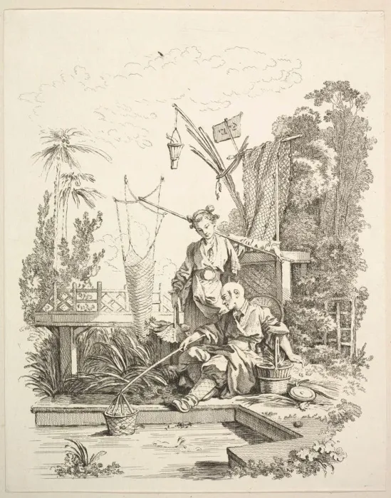 Framed Print : A Chinese Man and Woman Fishing by a Fishpond, 18th century. Creator: Gabriel Huquier Framed Print : A Chinese Man and Woman Fishing by a Fishpond, 18th century. Creator: Gabriel Huquier