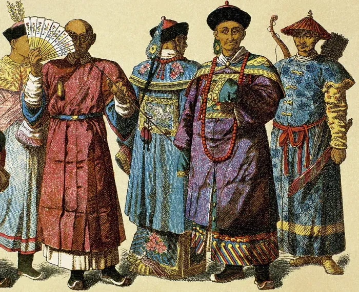 Framed Print : Chinese mandarin wearing official dress and house attire next to Chinese archer, Modern Age. Creator: Unknown Framed Print : Chinese mandarin wearing official dress and house attire next to Chinese archer, Modern Age. Creator: Unknown