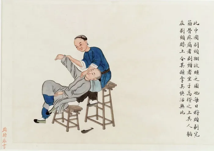 Framed Print : Chinese medicine: a practitioner massages a patient's shoulder, 1890. Creator: Pei Qun Zhou. Chinese medicine: a practitioner massages a patient's shoulder, 1890. Creator: Pei Qun Zhou Framed Print : Chinese medicine: a practitioner massages a patient's shoulder, 1890. Creator: Pei Qun Zhou. Chinese medicine: a practitioner massages a patient's shoulder, 1890. Creator: Pei Qun Zhou