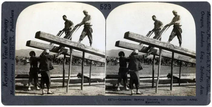 Framed Print : Chinese men sawing timber for the Japanese army, Manchuria, Russo-Japanese war, 1904-1905. Artist: Keystone Framed Print : Chinese men sawing timber for the Japanese army, Manchuria, Russo-Japanese war, 1904-1905. Artist: Keystone