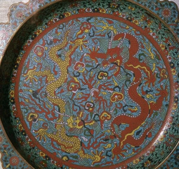 Chinese Ming Dynasty enamel dish with a design of dragons, 16th century