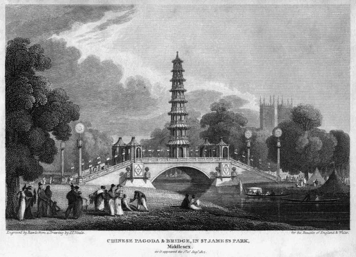 Framed Print : Chinese pagoda and bridge, St Jamess Park, Westminster, London, 1814. Artist: Rawle Framed Print : Chinese pagoda and bridge, St Jamess Park, Westminster, London, 1814. Artist: Rawle