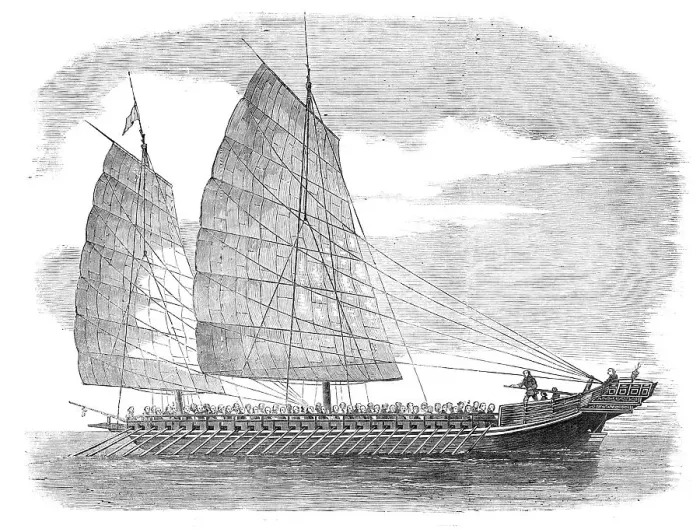 Framed Print : Chinese Pirate-boat at Canton - from a drawing by a Chinese artist, 1857. Creator: Unknown Framed Print : Chinese Pirate-boat at Canton - from a drawing by a Chinese artist, 1857. Creator: Unknown