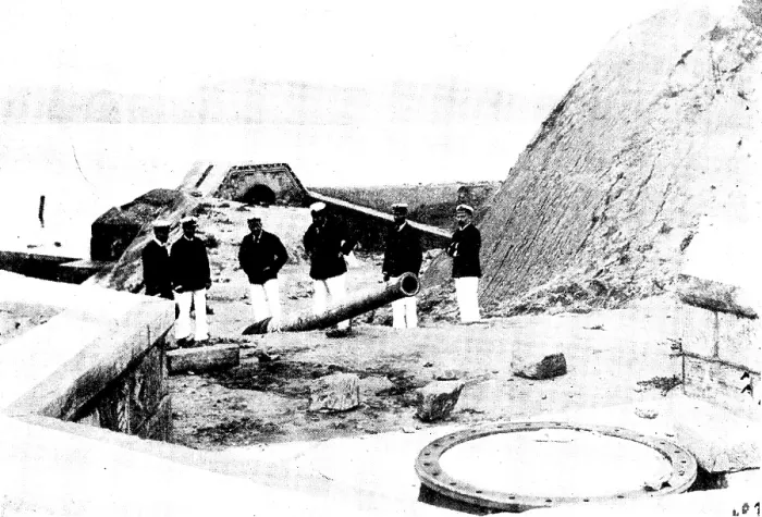 Framed Print : The Chinese Question: British officers viewing a dismounted gun...at Wei-Hai-Wei, 1895, (1898). Creator: James Fuller Framed Print : The Chinese Question: British officers viewing a dismounted gun...at Wei-Hai-Wei, 1895, (1898). Creator: James Fuller