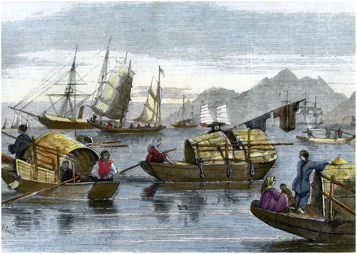 Framed Print : Chinese sampans in the harbour of Hong Kong, c1875 Framed Print : Chinese sampans in the harbour of Hong Kong, c1875