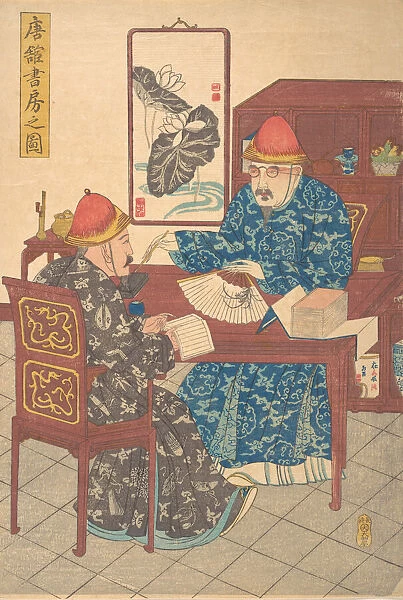 Two Chinese Scholars Practicing Calligraphy in Their Studio, ca. 1840. Creator: Unknown