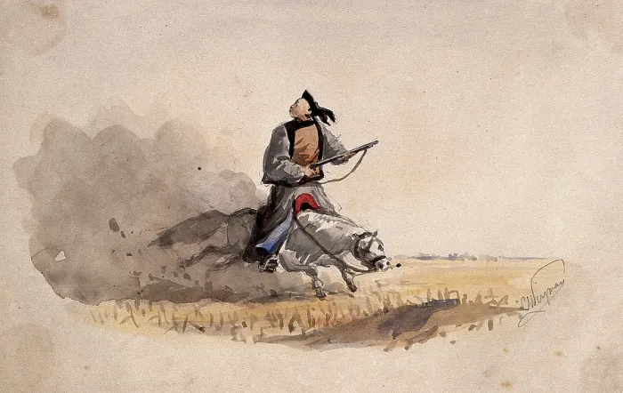 Framed Print : A Chinese soldier bearing a rifle, on horseback, 1857. Creator: Charles Wirgman Framed Print : A Chinese soldier bearing a rifle, on horseback, 1857. Creator: Charles Wirgman