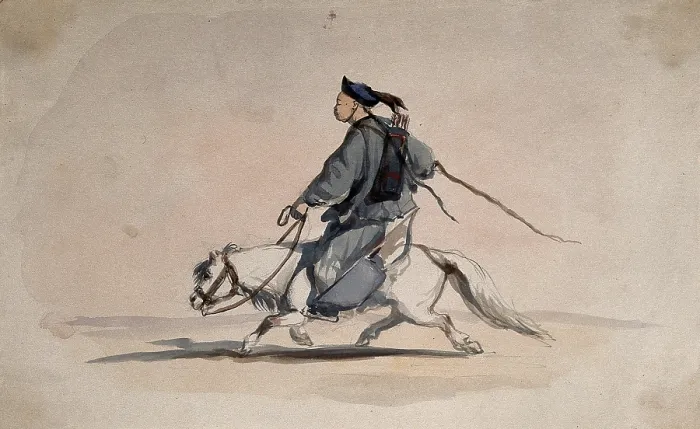 Framed Print : A Chinese soldier bearing weapons on his back, on horseback, 1857. Creator: Charles Wirgman Framed Print : A Chinese soldier bearing weapons on his back, on horseback, 1857. Creator: Charles Wirgman