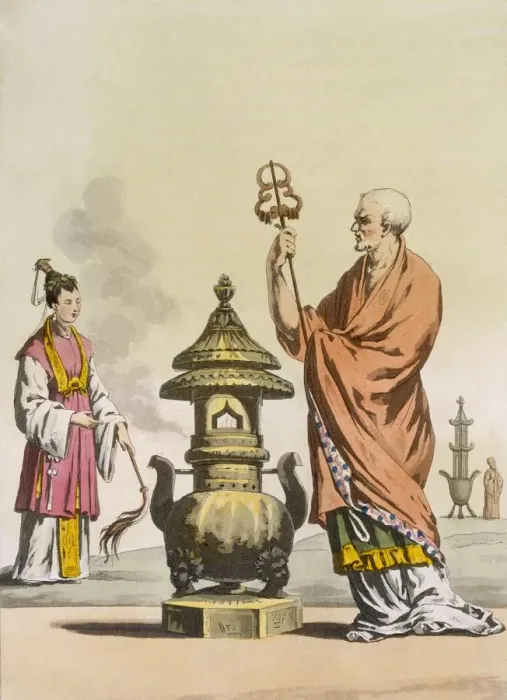Framed Print : Chinese Taoist religious customs: A bonzo in ceremonial robes, c1820-30. Creator Framed Print : Chinese Taoist religious customs: A bonzo in ceremonial robes, c1820-30. Creator