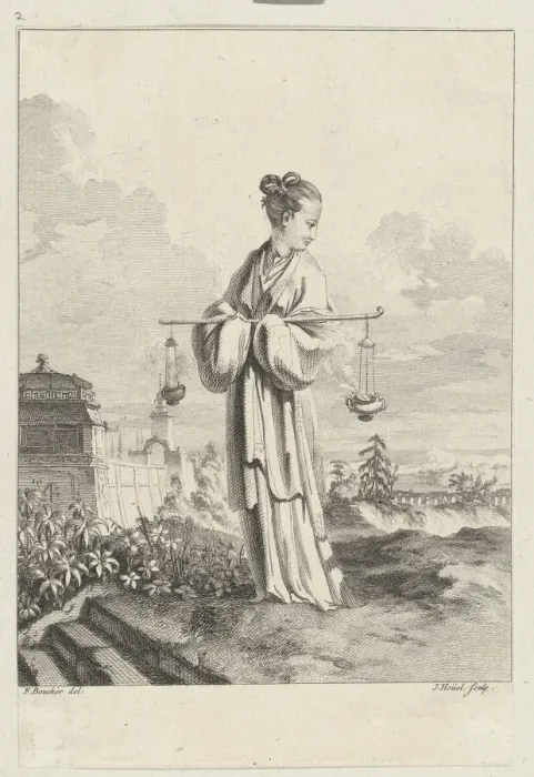 Framed Print : Chinoiserie with a female figure holding burning perfumes, from Suite de Figures Chinoi... 1755-76. Creator: Jean-Pierre Houel Framed Print : Chinoiserie with a female figure holding burning perfumes, from Suite de Figures Chinoi... 1755-76. Creator: Jean-Pierre Houel