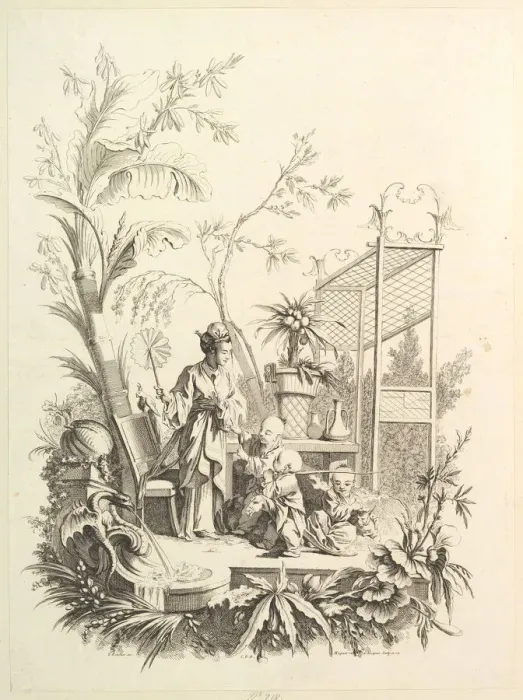 Framed Print : Chinoiserie with Figures in a Landscape, 18th century. Creator: Gabriel Huquier Framed Print : Chinoiserie with Figures in a Landscape, 18th century. Creator: Gabriel Huquier