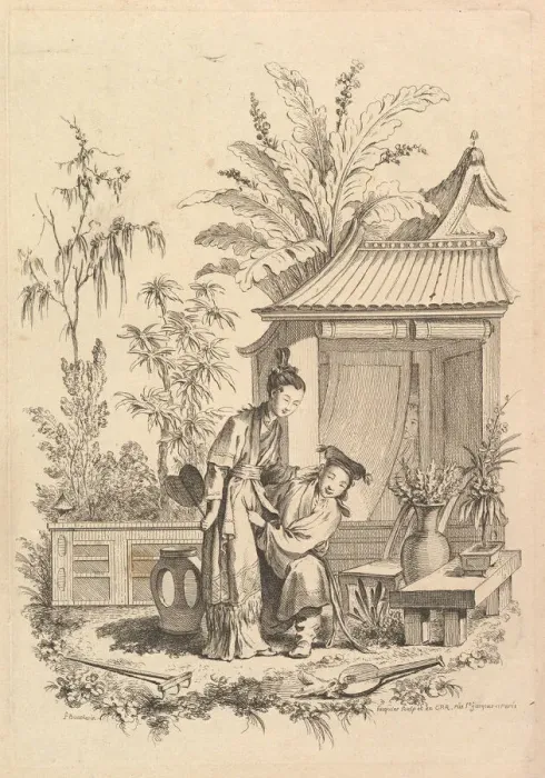 Framed Print : Chinoiserie scene with figures in a landscape, 18th century. Creator: Gabriel Huquier Framed Print : Chinoiserie scene with figures in a landscape, 18th century. Creator: Gabriel Huquier