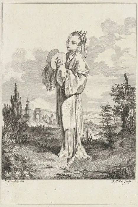 Framed Print : Chinoiserie with a woman holding cymbals, from Suite de Figures Chinoises... Tire du C... 1755-76. Creator: Jean-Pierre Houel Framed Print : Chinoiserie with a woman holding cymbals, from Suite de Figures Chinoises... Tire du C... 1755-76. Creator: Jean-Pierre Houel