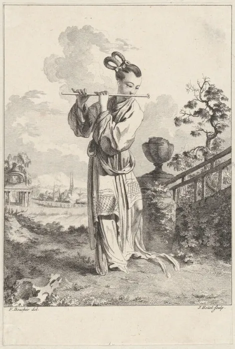 Framed Print : Chinoiserie with a woman playing a flute, from Suite de Figures Chinoises... Tire du C... 1755-76. Creator: Jean-Pierre Houel Framed Print : Chinoiserie with a woman playing a flute, from Suite de Figures Chinoises... Tire du C... 1755-76. Creator: Jean-Pierre Houel
