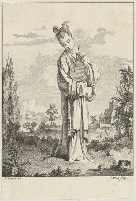 Framed Print : Chinoiserie with a woman playing a gong, from Suite de Figures Chinoises...Tiré du Ca... 1755-76. Creator: Jean-Pierre Houel Framed Print : Chinoiserie with a woman playing a gong, from Suite de Figures Chinoises...Tiré du Ca... 1755-76. Creator: Jean-Pierre Houel