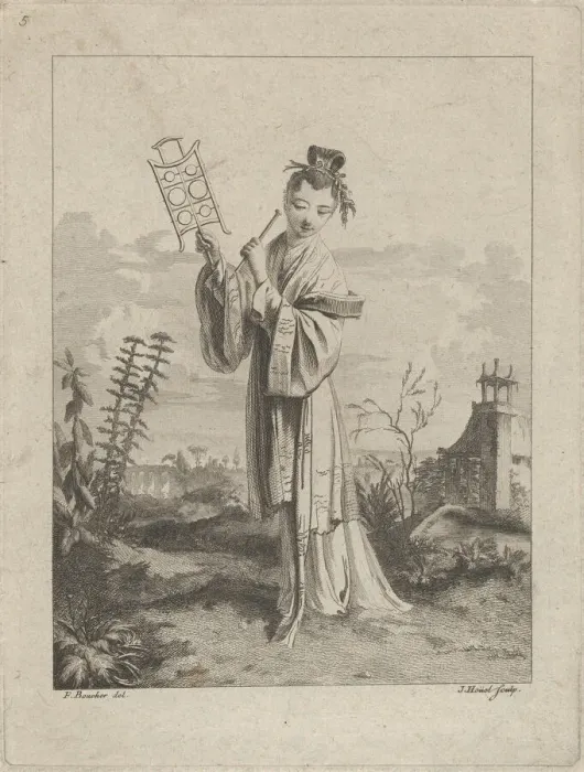 Framed Print : Chinoiserie with a woman playing a musical instrument, from Suite de Figures Chinoises... 1755-76. Creator: Jean-Pierre Houel Framed Print : Chinoiserie with a woman playing a musical instrument, from Suite de Figures Chinoises... 1755-76. Creator: Jean-Pierre Houel