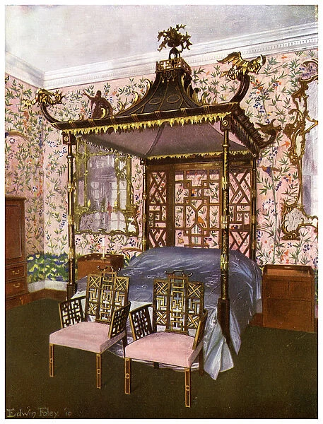 The Chippendale Chinese Bedroom, Badminton House, Gloucestershire, 1911-1912. Artist: Edwin Foley