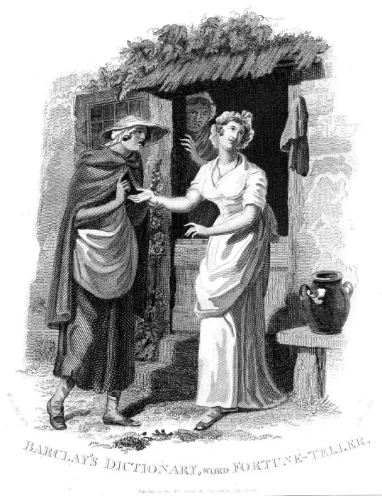 Framed Print : Chiromancy: Country girl having her hand read by a fortune teller who sees misfortunes ahead. Artist: William Marshall Craig Framed Print : Chiromancy: Country girl having her hand read by a fortune teller who sees misfortunes ahead. Artist: William Marshall Craig