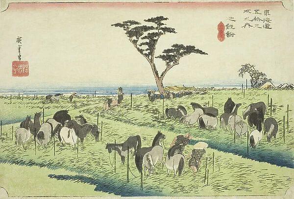 Chiryu: Early Summer Horse Market (Chiryu, shuka uma ichi), from the series 'Fifty... c. 1833 / 34. Creator: Ando Hiroshige. Chiryu: Early Summer Horse Market (Chiryu, shuka uma ichi), from the series 'Fifty... c. 1833 / 34
