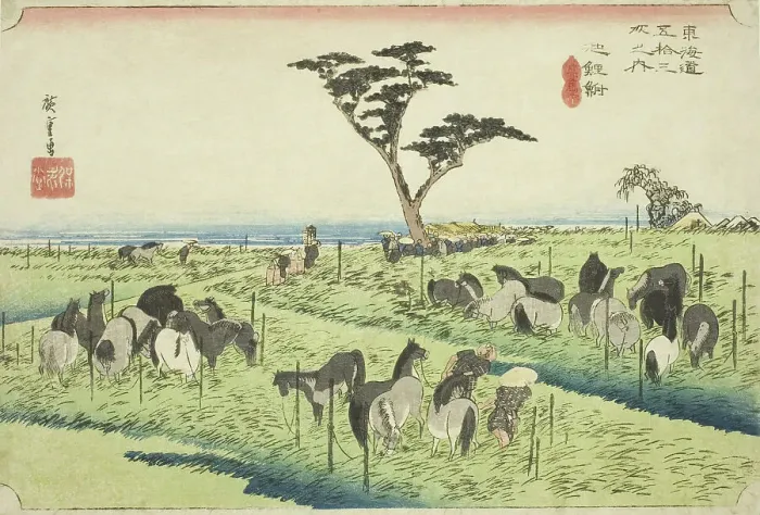 Framed Print : Chiryu: Early Summer Horse Market (Chiryu, shuka uma ichi), from the series Fifty... c. 1833 / 34. Creator: Ando Hiroshige. Chiryu: Early Summer Horse Market (Chiryu, shuka uma ichi), from the series Fifty... c. 1833 / 34 Framed Print : Chiryu: Early Summer Horse Market (Chiryu, shuka uma ichi), from the series Fifty... c. 1833 / 34. Creator: Ando Hiroshige. Chiryu: Early Summer Horse Market (Chiryu, shuka uma ichi), from the series Fifty... c. 1833 / 34