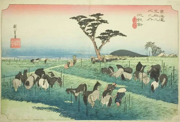 Framed Print : Chiryu: Early Summer Horse Market (Chiryu, shuka uma ichi), from the series Fifty... c. 1833 / 34. Creator: Ando Hiroshige. Chiryu: Early Summer Horse Market (Chiryu, shuka uma ichi), from the series Fifty... c. 1833 / 34 Framed Print : Chiryu: Early Summer Horse Market (Chiryu, shuka uma ichi), from the series Fifty... c. 1833 / 34. Creator: Ando Hiroshige. Chiryu: Early Summer Horse Market (Chiryu, shuka uma ichi), from the series Fifty... c. 1833 / 34