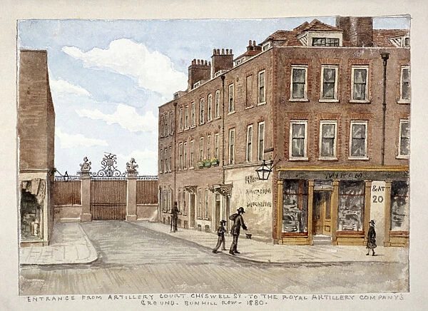 Chiswell Street with entrance to the Royal Artillery Companys ground, Finsbury, London, 1880