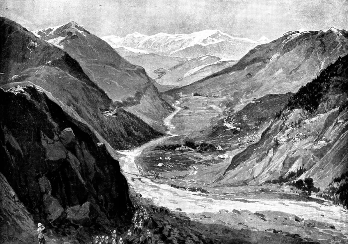 Framed Print : Chitral Expedition: entrance into Bajur, Valley of Panjkora River, contested by Umra Khan... 1895. Creator: George Meisenbach Framed Print : Chitral Expedition: entrance into Bajur, Valley of Panjkora River, contested by Umra Khan... 1895. Creator: George Meisenbach