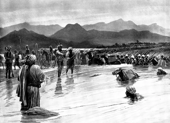 Framed Print : The Chitral Expedition: fording the Swat River...village of Chatedarra in the background, 1895. Creator: Unknown Framed Print : The Chitral Expedition: fording the Swat River...village of Chatedarra in the background, 1895. Creator: Unknown