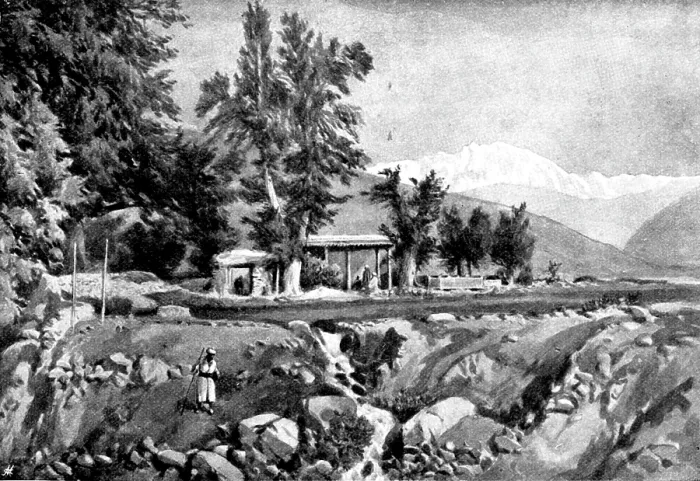 Framed Print : The Chitral Expedition: Musjid in the Serai, Chitral: the Mountain Trichmir in the distance, 1895. Creator: George Meisenbach Framed Print : The Chitral Expedition: Musjid in the Serai, Chitral: the Mountain Trichmir in the distance, 1895. Creator: George Meisenbach