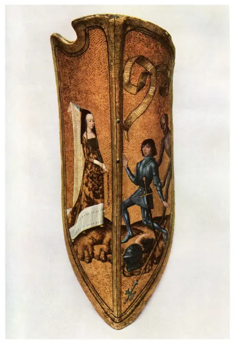 Framed Print : Chivalry and courtly love: Flemish parade shield, c1400 (1956) Framed Print : Chivalry and courtly love: Flemish parade shield, c1400 (1956)