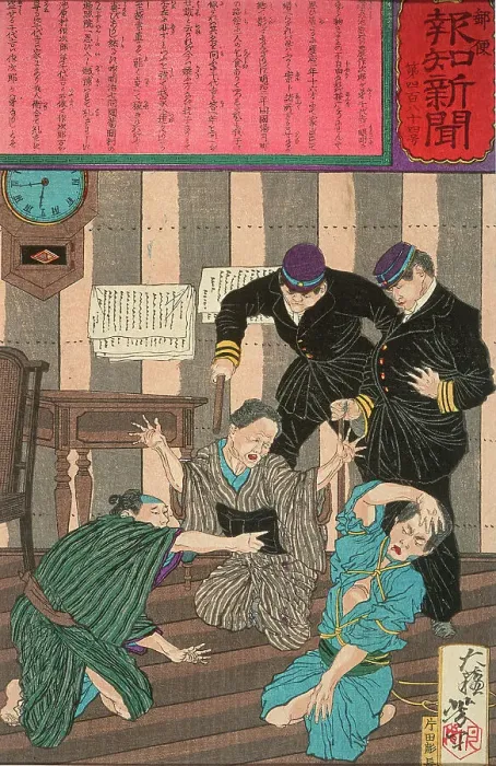 Framed Print : Chiyokichi's Mother Identifies Him and Solves a Case of Mistaken Identity, 1875. Creator: Tsukioka Yoshitoshi