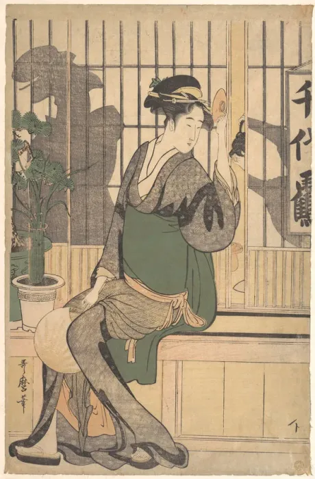 Framed Print : The Chiyozuru Teahouse (Shadows on the Shoji), 1790s. Artist: Utamaro, Kitagawa (1753-1806) Framed Print : The Chiyozuru Teahouse (Shadows on the Shoji), 1790s. Artist: Utamaro, Kitagawa (1753-1806)