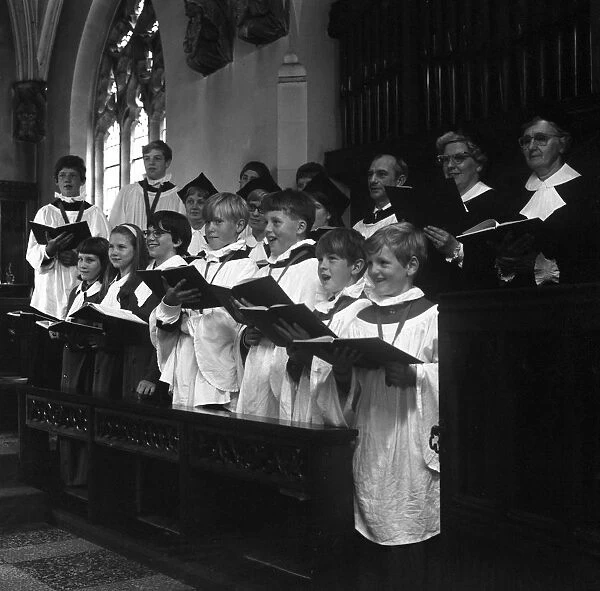 The choir from Brampton Parish Church singing during a service, Rotherham, 1969. Artist