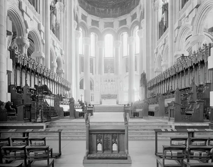 Framed Print : Choir stalls, Cathedral of St. John the Divine, New York, c.between 1910 and 1920. Creator: Unknown Framed Print : Choir stalls, Cathedral of St. John the Divine, New York, c.between 1910 and 1920. Creator: Unknown