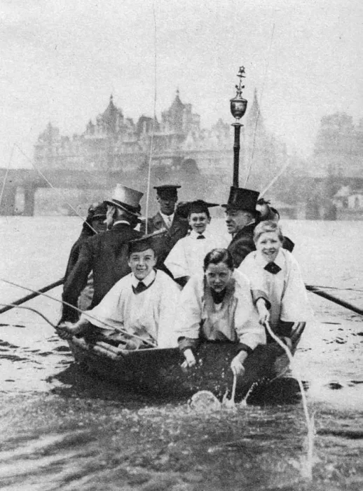 Framed Print : Choirboys of St Clement Danes beating the boundary-marks on the Thames, London, 1926-1927 Framed Print : Choirboys of St Clement Danes beating the boundary-marks on the Thames, London, 1926-1927