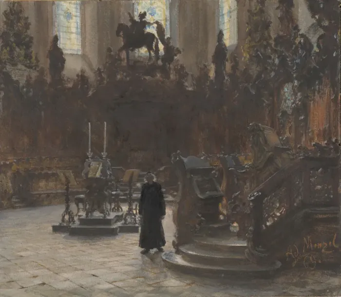 Framed Print : The Choirstalls in the Mainz Cathedral, 1869. Creator: Adolph Menzel Framed Print : The Choirstalls in the Mainz Cathedral, 1869. Creator: Adolph Menzel