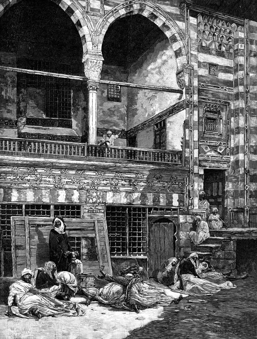Framed Print : The Cholera in Egypt: scene in the courtyard of a house at Cairo, 1883. Creator: George Montbard Framed Print : The Cholera in Egypt: scene in the courtyard of a house at Cairo, 1883. Creator: George Montbard