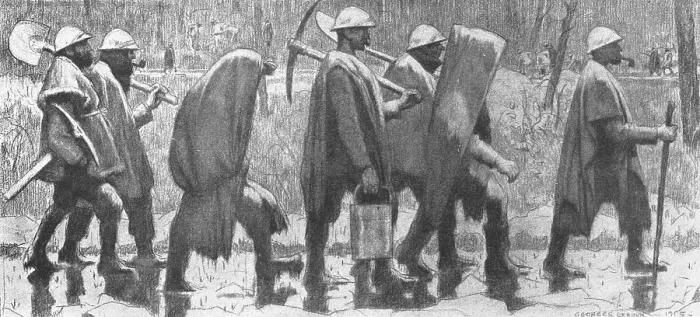 Framed Print : Choses vues a la guerre; territoriaux revenant de corvee sous la pluie. 1915. Creator: Georges Leroux Framed Print : Choses vues a la guerre; territoriaux revenant de corvee sous la pluie. 1915. Creator: Georges Leroux